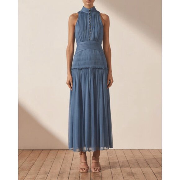Shona Joy Noemi Dress Ocean Blue Sleeveless Mock Neck Maxi US 4 $525 - Picture 1 of 14